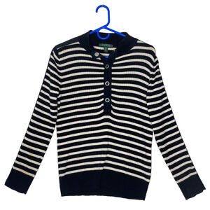 Ralph Lauren Sweater Womens L Henley Black White Stripe Prep Classic Minimalist
